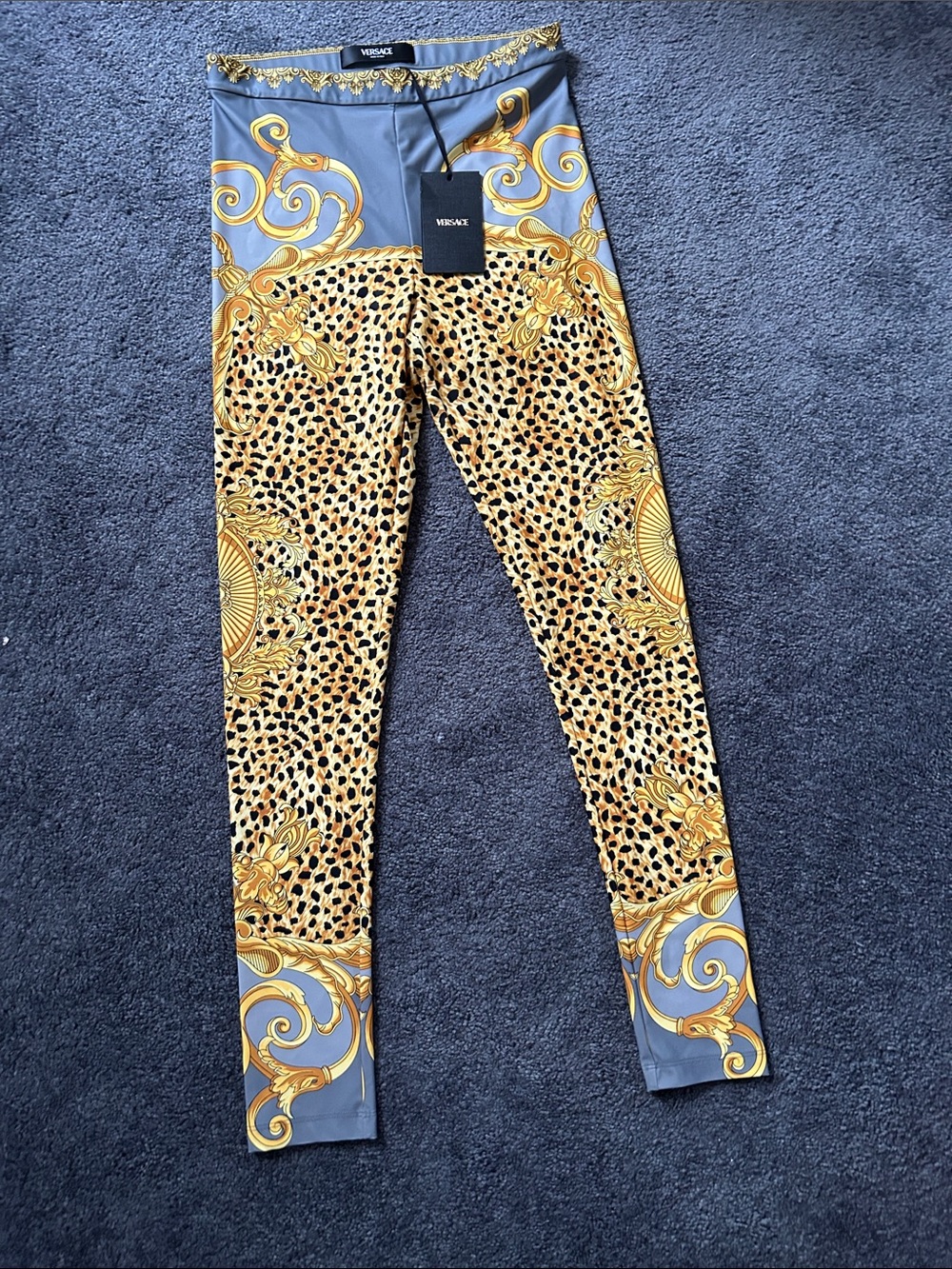Versace Gray and Gold Baroque Leopard Print Leggings